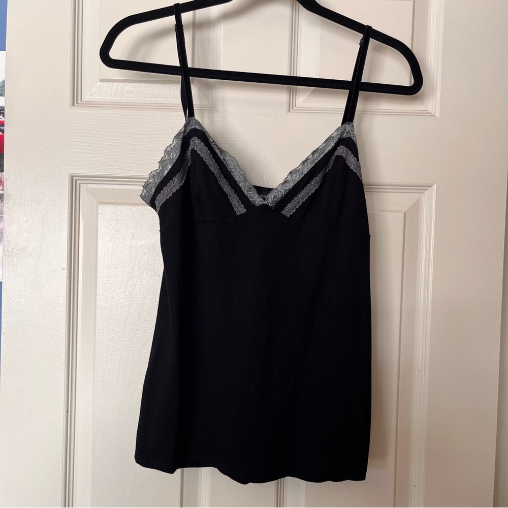 Guess Black Junior's L Y2K Rayon/Spandex Cami with Gray Lace Trim Velvet Straps